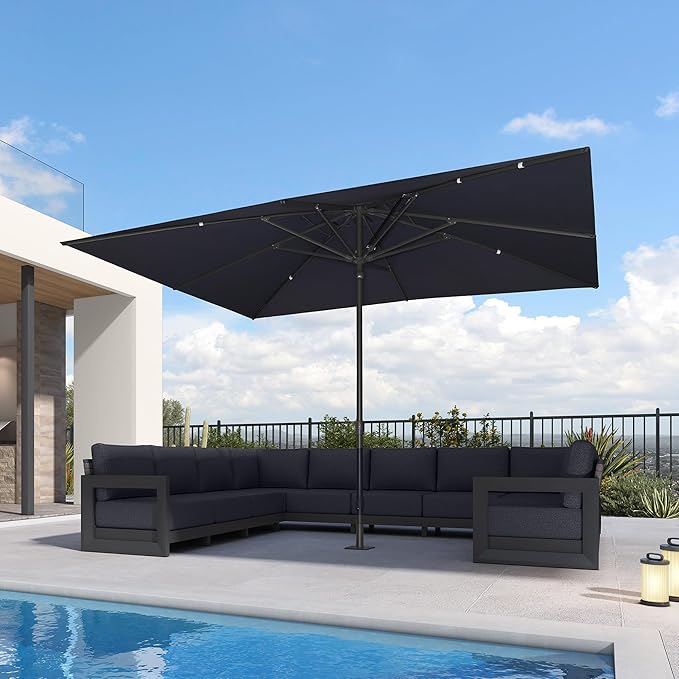 PURPLE LEAF 12' x 9' Rectangular Semi-Auto Outdoor Patio Umbrella Aluminium Market Umbrella Table Sun Umbrella with 1.89" Rod and 8 Sturdy Ribs for Deck Lawn Pool Garden, Navy Blue