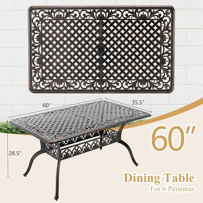 7-Piece Cast Aluminum Outdoor Dining Set, 60" Rectangular Table with 2 Umbrella Holes & 6 Stackable Chairs with 2.75" Cushions, Antique Brass Rustproof Patio Furniture for Garden