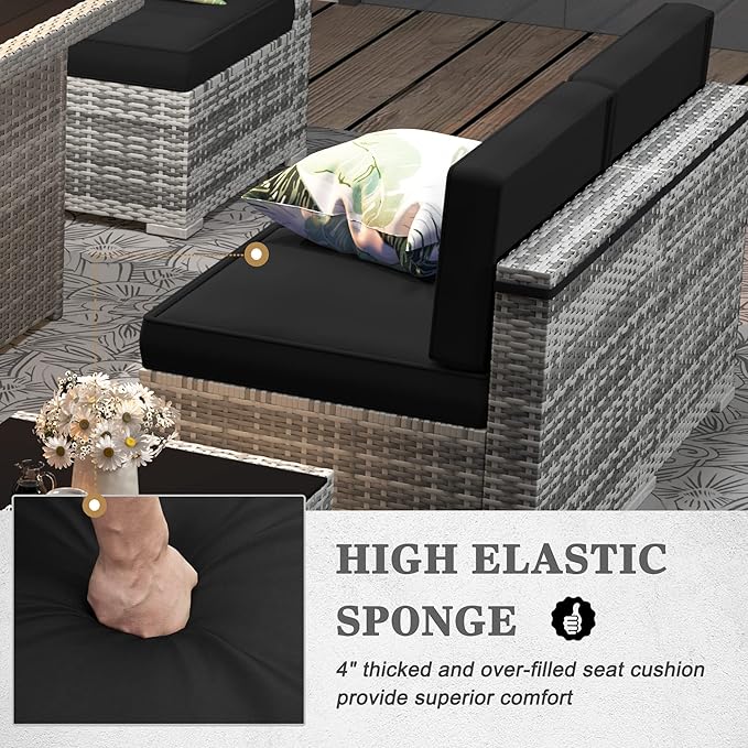 8 Pieces Patio Furniture Set with 44" Propane Gas Fire Pit Table, Outdoor Sectional Wicker Conversation Sofa Sets with Coffee Table