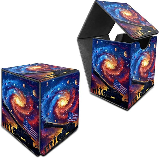 Starry Sky Flag Card Deck Box for MTG, Personalized Card Storage Case Fits 120+ Sleeved Cards, Premium Leather TCG Box with Strong Magnetic Closure for Magic, CCG, PTCG, Baseball Cards
