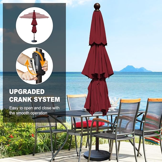 Eurmax USA 10-Year-Non-Fading 10FT 3-Tier Outdoor Patio Market Umbrella,UPF50+ UV Resistant,Heavy Duty Commercial Grade,Crank Lift Design,Windproof Vented Top for Garden,Pool,Deck,Burgundy