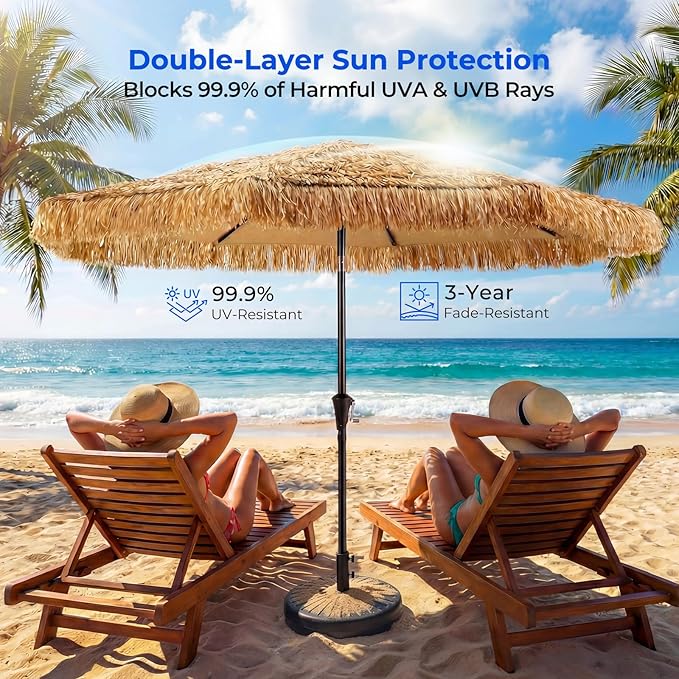 HOMSHADE 9ft Hula Thatched Hawaiian Style Tiki Umbrella with Crank & Tilt, UPF 50+ Nylon Thatch & 220GSM Polyester Canopy, 8 Heavy-Duty Steel Ribs for Outdoor, Patio, Beach, Pool, Backyard, Garden