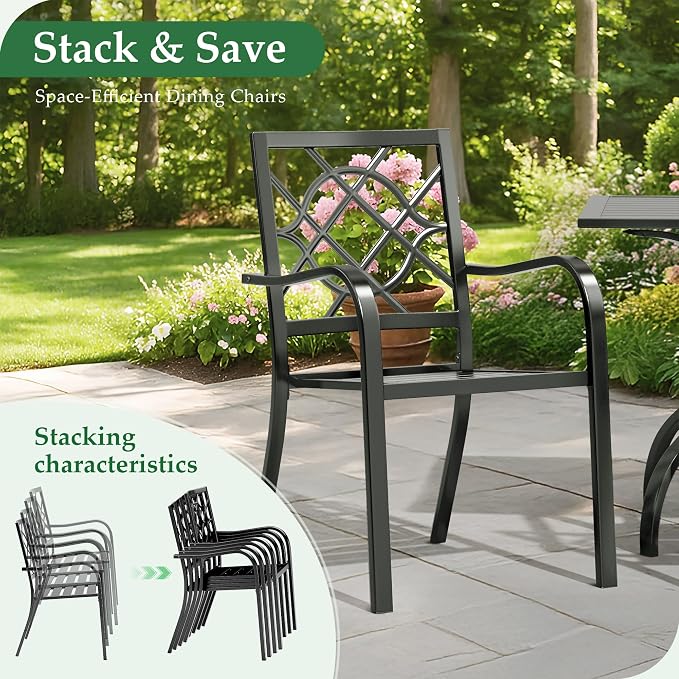 Oakcloud 5-Piece Patio Dining Set, Outdoor Metal Furniture Dining Table Set 4 Stackable Patio Dining Chairs and Square Dining Table with Umbrella Hole, Black