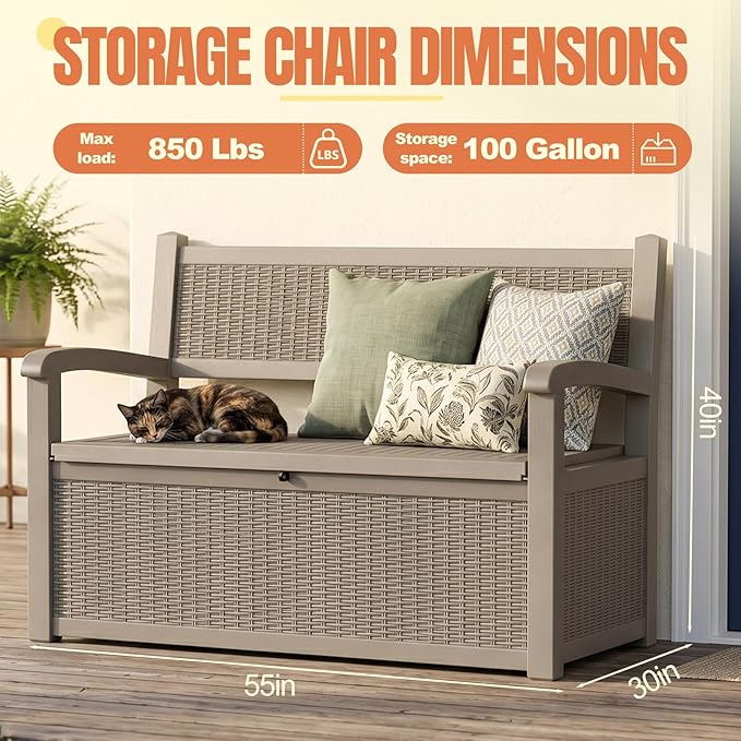 Storage Bench Outdoor Deck Box,100 Gallon Waterproof & UV Resistant Lockable Patio Furniture Seating.Indoor/Outdoor Shoe Storage Cabinet for Garden Cushions,Tools,Patio,Pool Supplies