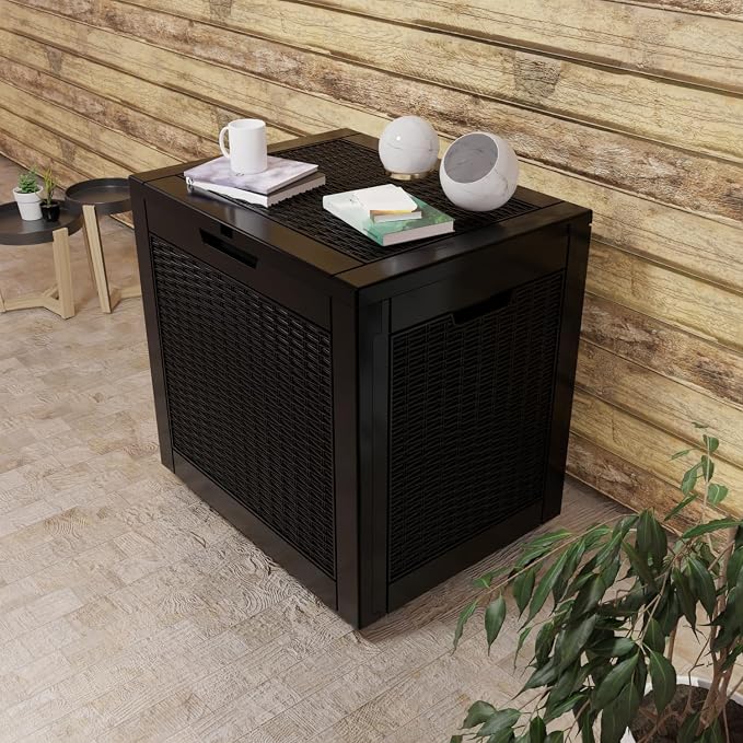 Resin Deck Box, Lockable Patio Outdoor Storage Box for Furniture, Garden Tools and Tools Storage, Waterproof Outside Storage Boxes (Black, 30 Gallon)