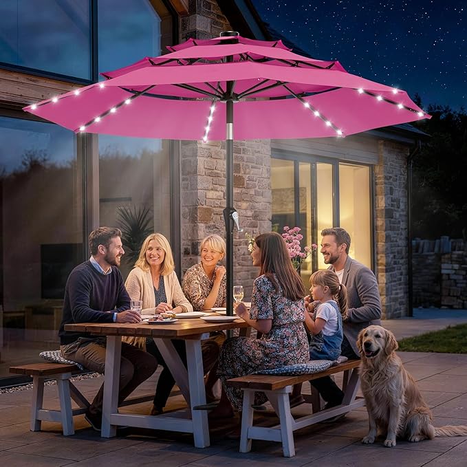 AreShark 9ft 3 Tiers Patio Umbrella with Solar Lights, Outdoor Umbrella w/ 32 LED Lights&8 Sturdy Ribs, Table Umbrella for Deck, Backyard, Pool (Rose Pink)
