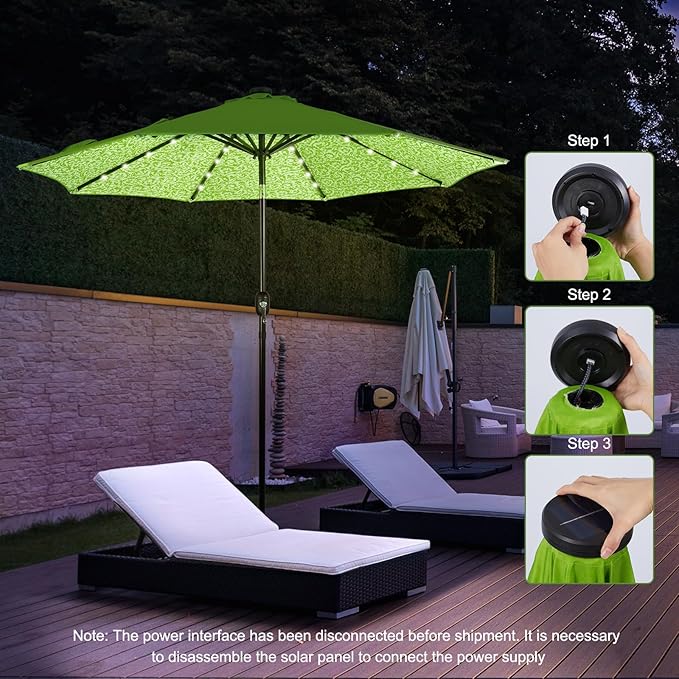 Backyard Expressions 9FT Solar Patio Umbrella with 32 LED Lights, UPF50+ UV Protection, Fade-Resistant Fabric, Easy Tilt & Crank, Outdoor Umbrella for Patio, Deck & Pool (Base Not Included)