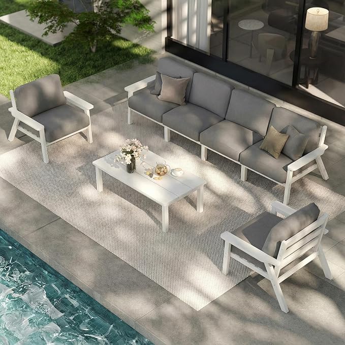 Patio Furniture Set 7 Seats, HDPE Outdoor Sectional with Gray Washable Thick Cushions, Coffee Table, Patio Conversation Sets for Lawn, Garden, Porch, Balcony, Deck (White Frame)