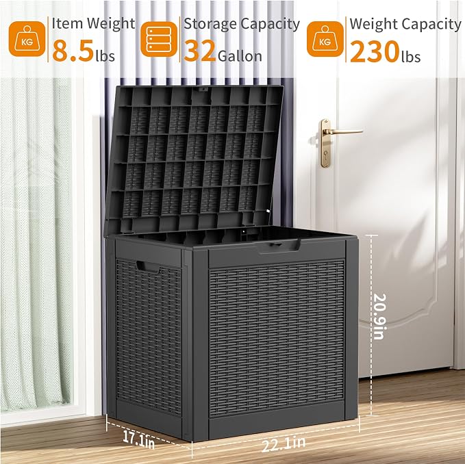 32 Gallon Outdoor Storage Box, Large Resin Deck Box for Patio Cushions, Garden Tools, Pool Accessories, Waterproof and Lockable Design, Storage Bench for Backyard & Deck(Black)