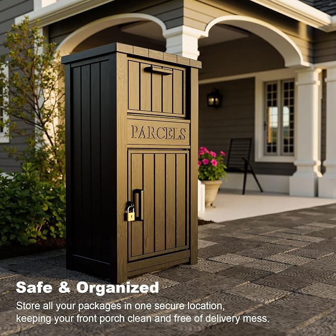 EasyUp Package Delivery Box Outdoor, Weatherproof & UV Resistant Resin Storage Box with Lockable Lid and Flip-Up Delivery Slot, Secure Contactless Parcel Drop Box for Porch (Black)