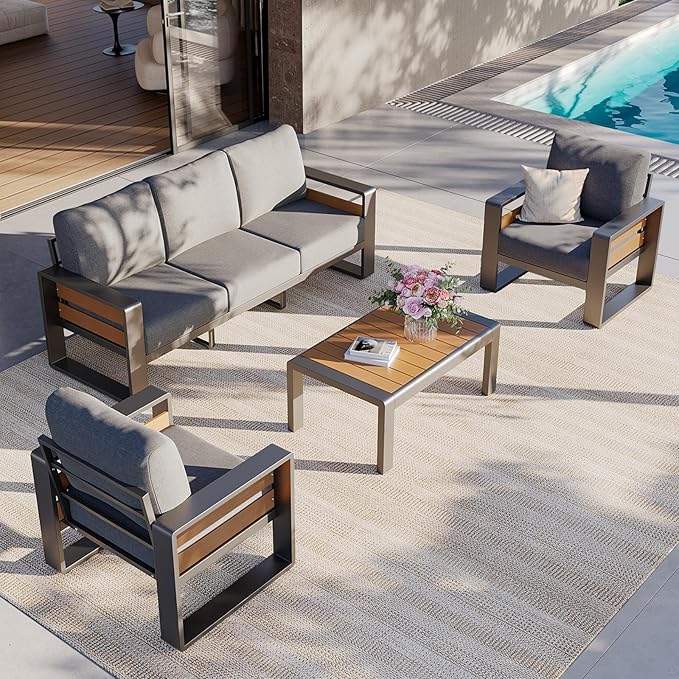 Aoxun Aluminum Patio Furniture Set, 5 Seats Luxury Metal Patio Conversation Sets with Coffee Table, 6'' Thick Cushions and 3-Seat Sofa, Modern Outdoor Furniture Set for Backyard/Poolside, Light Grey
