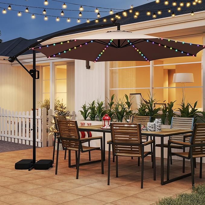 HAPPYGRILL 10 FT Offset Hanging Umbrella with Multi-Colored Flowing LED Lights, 9 Light Modes, Outdoor Patio Cantilever Umbrella with Base, Easy Tilt, 360° Rotation, Crank
