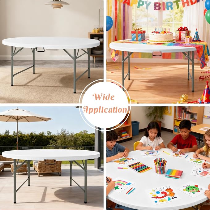 6 FT Round Folding Tables with Carrying Handle 72 inch Heavy Duty Portable Plastic Commercial Table Steel Legs for Party, Dining, Wedding, Events, Picnic Indoor, Outdoor (White,1 Pack)