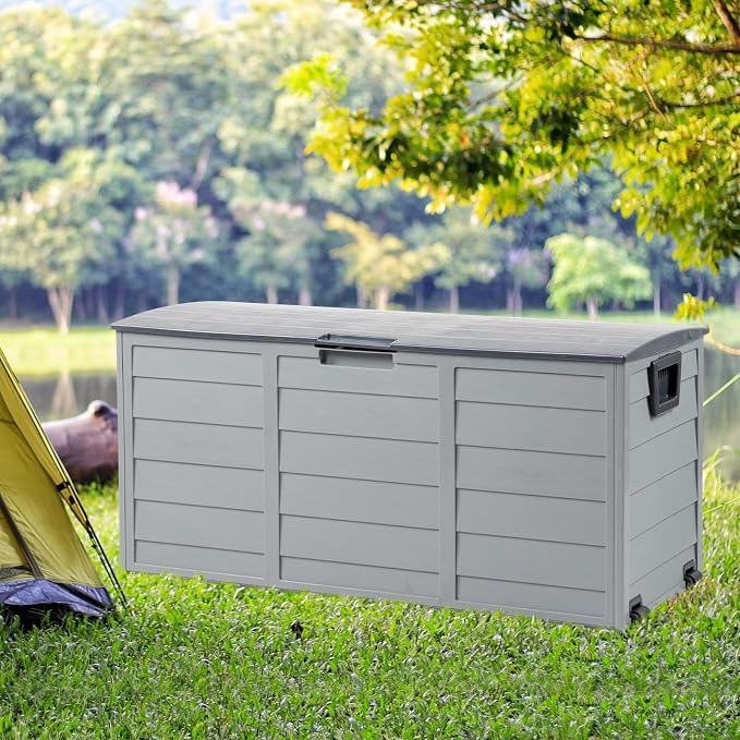 VINGLI 75 Gallon Outdoor Storage Box, Patio Deck Box Furniture with Rolling Wheels, Plastic Storage Containers with Lockable Design, For Garden, Yard, Balcony (Grey)