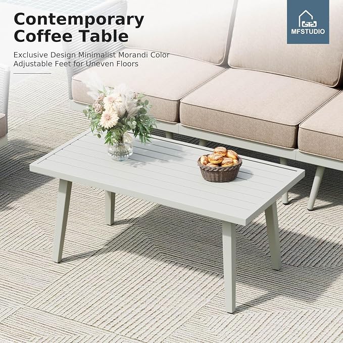 MFSTUDIO 6 Pieces Metal Patio Furniture Sets with Detachable Rope Rattan Armrest, 5 Seats Steel Outdoor Conversation Set All Weather Patio Sectional Couch with Coffee Table for Garden, Beige Cushion