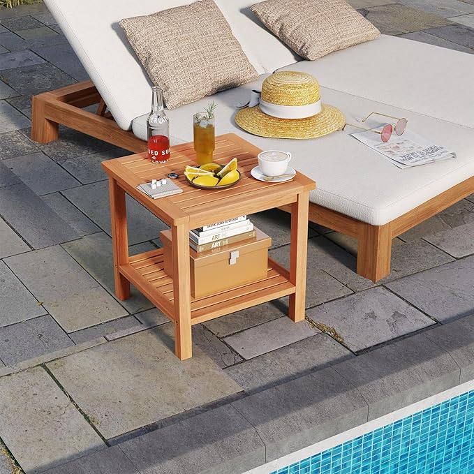 HAPPYGRILL Acacia Wood Outdoor Side Table, 2-Tier Indoor End Table with Spacious Tabletop and Slatted Storage Rack, Square Wood Table for Poolside, Living Room, Porch, Balcony and Garden (1)