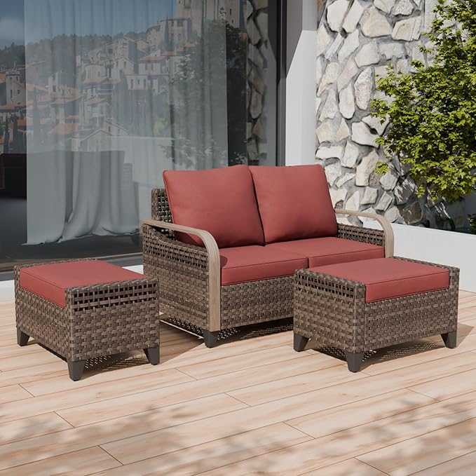 COOS BAY Modern Wicker Outdoor Furniture Set, 3 Piece Patio Conversation Set with a Loveseat and 2 Ottomans, 3 Piece, Brown/Red
