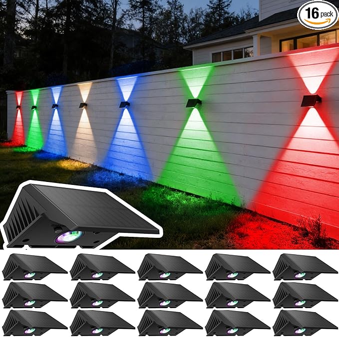 Solar Fence Lights Outdoor, 16 Pack White & RGB Up and Down Solar Wall Lights, IP67 Waterproof LED Dusk to Dawn Solar Powered Fence Lights for Patio, Backyard, Deck, Garden, Yard, Outdoor Wall Decor