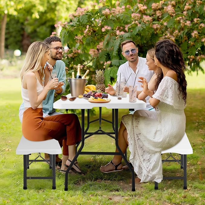 6ft Folding Table and Benches, Outdoor Folding Benches Set of 2, Foldable Table with Handle, Tables and Benches for Parties, Picnic, Event, Indoor Outdoor Activities, at Home and Commercial Use, White