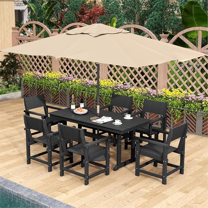 7-Piece HDPE Outdoor Patio Dining Set,Outdoor Table and Chairs,Modern Plastic Dining Sets with Umbrella Hole Cut-Out Table and 6 Chairs Black