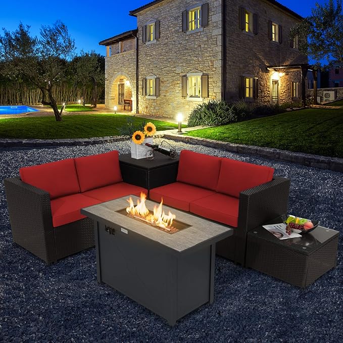 Tangkula 5-Piece Patio Furniture Set with 42 Inches Propane Fire Pit Table, Outdoor Wicker Conversation Set with Cushions, Storage Box and Coffee Table, 60,000 BTU Propane Fire Pit Table (Red)