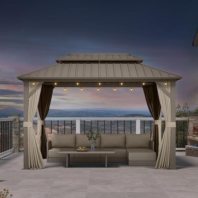 PURPLE LEAF 8' x 12' Outdoor Hardtop Gazebo, Champagne Metal Gazebo with Galvanized Steel Double Roof, Curtains and Netting for Patio Lawn and Garden