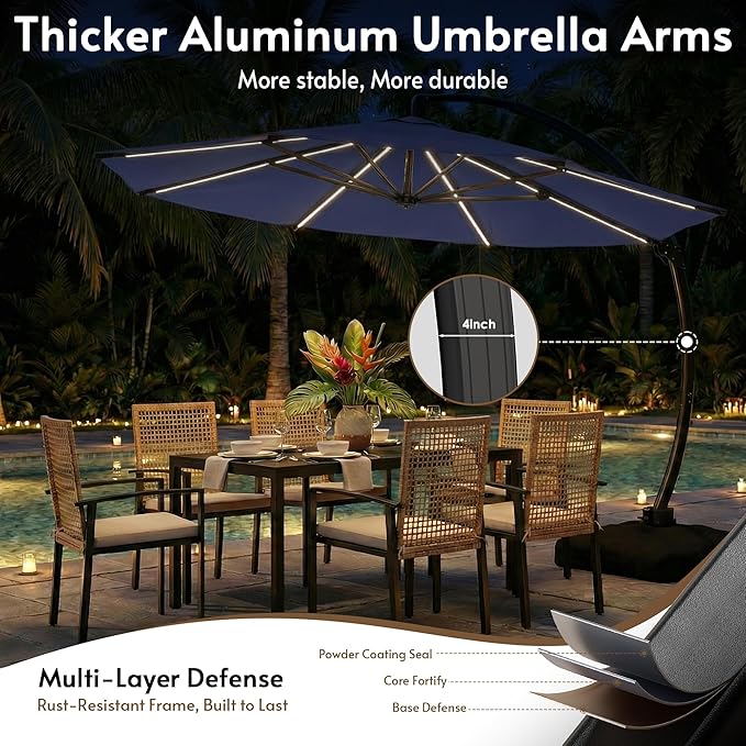 11FT Solar Powered LED Light Cantilever Patio Umbrella with Base Included, Large Cantilever Umbrella with 360°Rotation, Heavy-Duty Offset Outdoor Umbrella for Patio,Pool,Backyard (Navy blue)