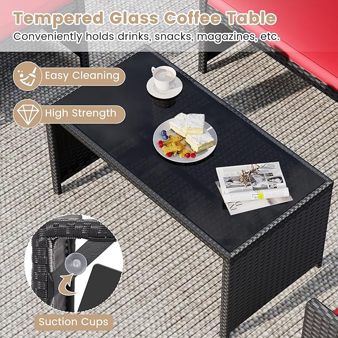 Tangkula 8 Pieces Patio Wicker Furniture Set, Outdoor Heavy Duty Rattan Cushioned Chairs, Loveseat and Tempered Glass Coffee Table, for Backyard, Balcony, Poolside