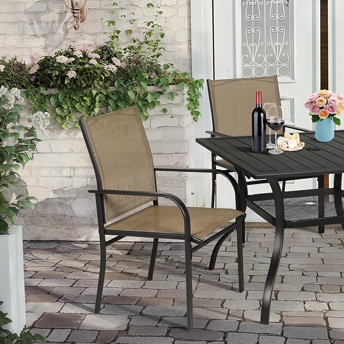 Incbruce 5 Pieces Patio Dining Set, Outdoor Dining Set of 4 Textilene Chairs and Square Table with Umbrella Hole for Backyard, Garden, and Poolside (Brown)