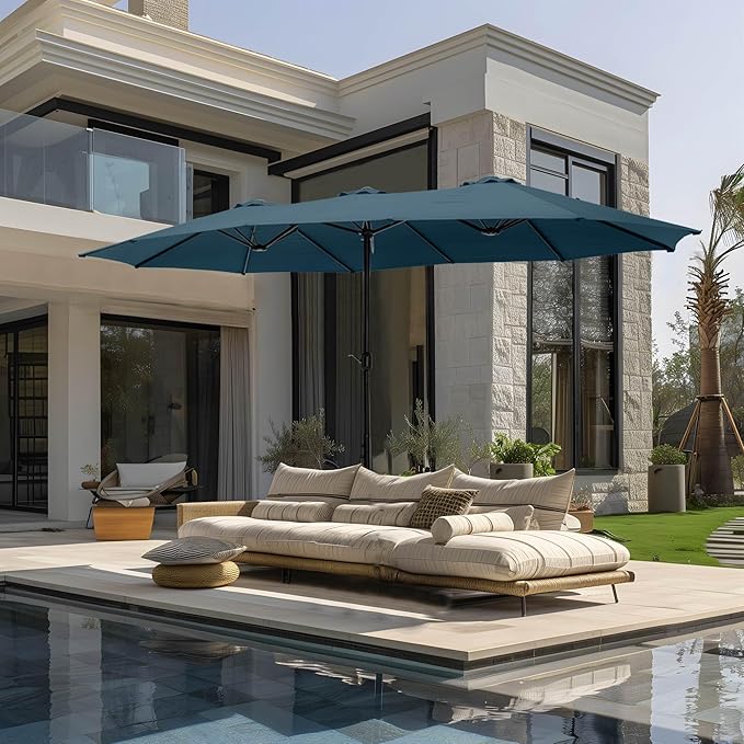 GREEN PARTY 15 ft Rectangular Patio Umbrella with Base Included, Large Double-Sided Outdoor Table Umbrella with Crank, 1.9" Pole UPF 50+ UV Resistant for Pool Deck Backyard Garden, Cerulean