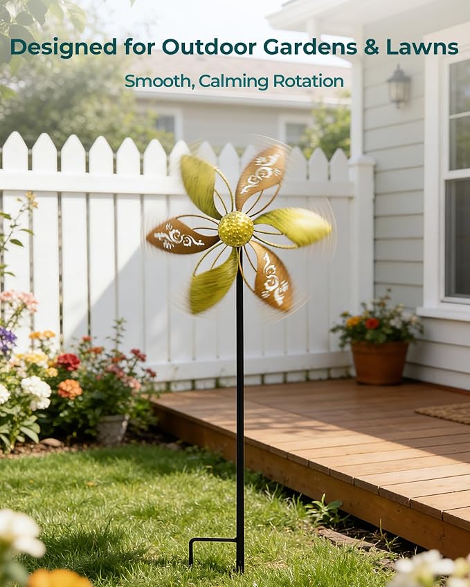 Metal Wind Spinner for Yard, 37" Kinetic Garden Decor | Rust-Resistant Finish, Smooth Rotation, Elegant Floral Design, Tool-Free Setup, Outdoor Yard Art
