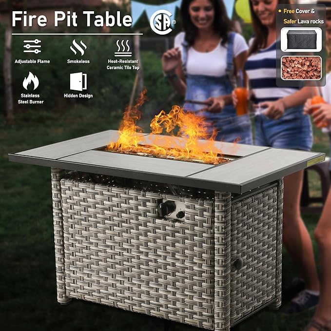 HOOOWOOO Outdoor Patio Furniture Set with Fire Pit Table,11 Pieces Wicker Out Door Sectional Furniture L Shaped Couch,Outside Patio Conversation Swivel Chair Sets,Charcoal Gray