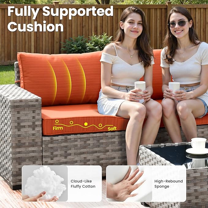 ovios 13 Pieces Patio Furniture Set, Outdoor Wicker Sectional Sofa with 54 Inch Fire Pit Table Comfy Cushions, Modern Modular Deep Seat Rattan Couch Conversation Set, Orange Red