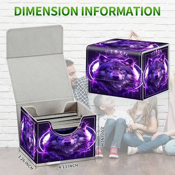 Card Deck Box for MTG, Cards Storage Box Fits 120+ Sleeved, Leather Small Size Strong Magnetic Closing Card Case for Board Games Magic TCG CCG Baseball Collection, Cool Wolf Purple