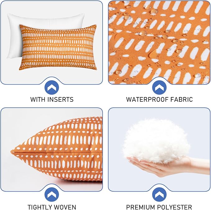 Pack of 2 Outdoor Pillows, 12x20 Outdoor Lumbar Pillows Waterproof | Outdoor Throw Pillows with Inserts, Fluffy and Supportive, Decorative Pillow for Patio and Garden, Pebble Orange