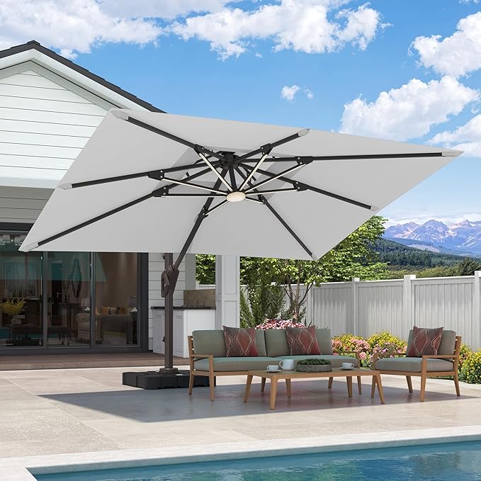 9x12 FT Cantilever Patio Umbrella with Led Lights Double Top Outdoor Rectangular Large Heavy Duty Aluminum Offset Umbrellas with 7 Level Tilt 360-degree Rotation for Pool Garden Deck, Fog Grey