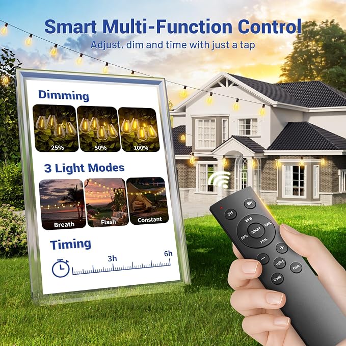 150FT Outdoor String Lights with Remote & Dimmable, 55+2 Shatterproof Waterproof Bulbs, Dimmable Outside Hanging Patio Lights for Backyard, Porch, Deck, Garden 2700K Warm White
