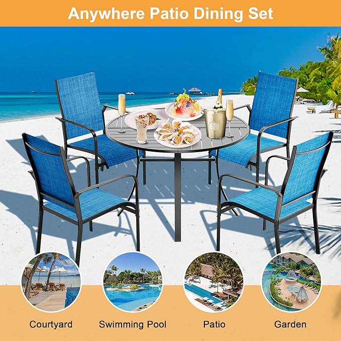 BUPPLEE 5-Piece Round Patio Dining Set with 42" Aluminum Table & 4 Textilene Chairs, Umbrella Hole, Waterproof Outdoor Furniture for Lawn, Deck, Backyard-Blue