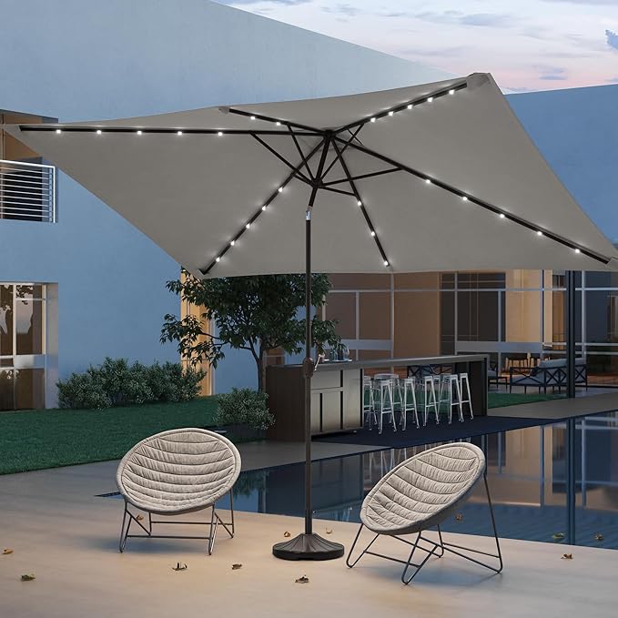 Rectangle Patio Umbrella with Solar Lights, 10 x 6.5ft Rectangular Outdoor Umbrella Table Market Patio Umbrella with Push Button Tilt and Crank for Garden, Deck, Backyard, Pool