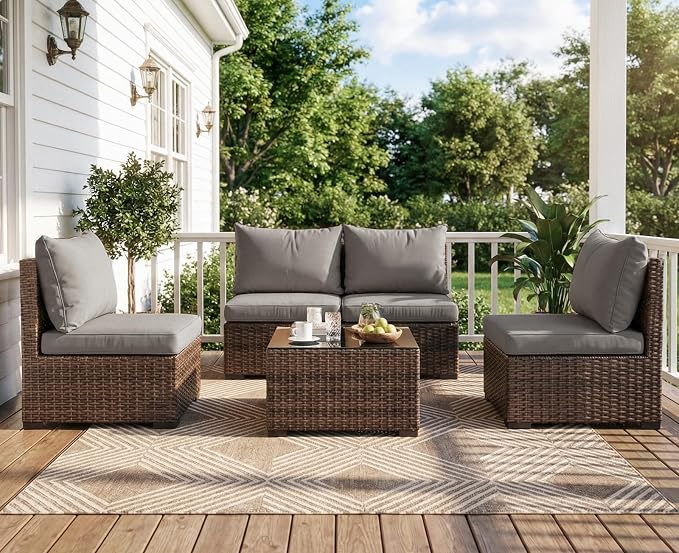 5 Pieces Patio Furniture Set with Galss Table, Outdoor PE Rattan Sectional Sofa with Soft Cushions for Backyard, Porch, and Poolside (Gray, 5 PCS w/Table)