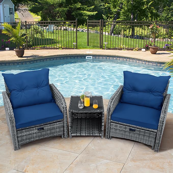 5 Pcs Outdoor Patio Chair with Ottomans, PE Wicker Rattan Patio Conversation Furniture Set, Space Saving Design Outdoor Chairs with Ottomans Set for Balcony Poolside Front Porch Deck, Blue