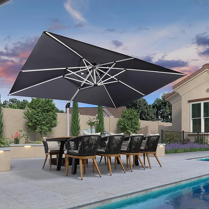 PURPLE LEAF 10 X 13 FT Patio Umbrella with Base Included Cantilever Umbrella with 360° Rotation Outdoor Offset Umbrella Windproof Heavy Duty Sun for Garden, Backyard and Pool, （Grey）