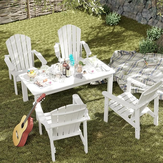 nevilywood 3-Piece HDPE Adirondack Chair Set, 2 Stackable Chairs Coffee Table, All-Weather Wood Grain, Patio Garden Backyard,White