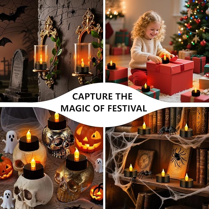 Tea Lights Battery Operated Candles LED Tea Lights Flameless Candles 200+ Hours Flickering Fake Tealights for Halloween, Christmas Home Table Decor(Black, 24 Pack)