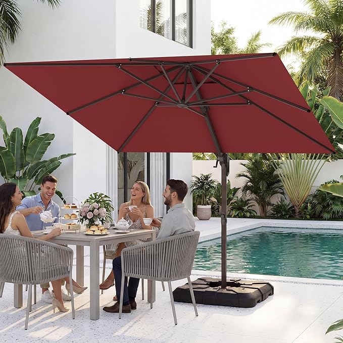 HASLE OUTFITTERS 10x10 FT Patio Cantilever Umbrella, Outdoor Offset Large Heavy Duty Umbrellas with 360° Rotation for Pool Garden Deck，Red