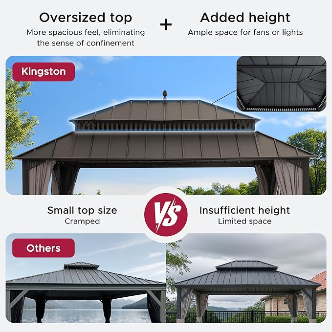 SUNJOY Kingston 16' x 12' Hardtop Gazebo with Galvanized Steel Double Roof, Curtain and Netting, Brown Aluminum Posts Permanent Pavilion Gazebo for Garden, Patio, Deck, Lawn