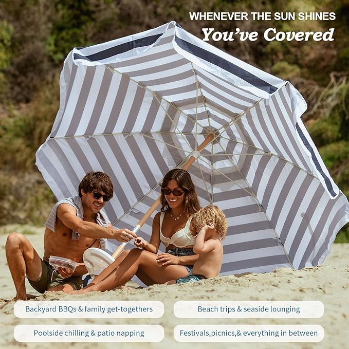 AMMSUN 7.5ft Heavy Duty HIGH Wind Beach Umbrella Commercial Grade Patio Beach Umbrella with Air Vent Ash Wood Pole & Carry Bag UPF50+ Protection Navy Stripe