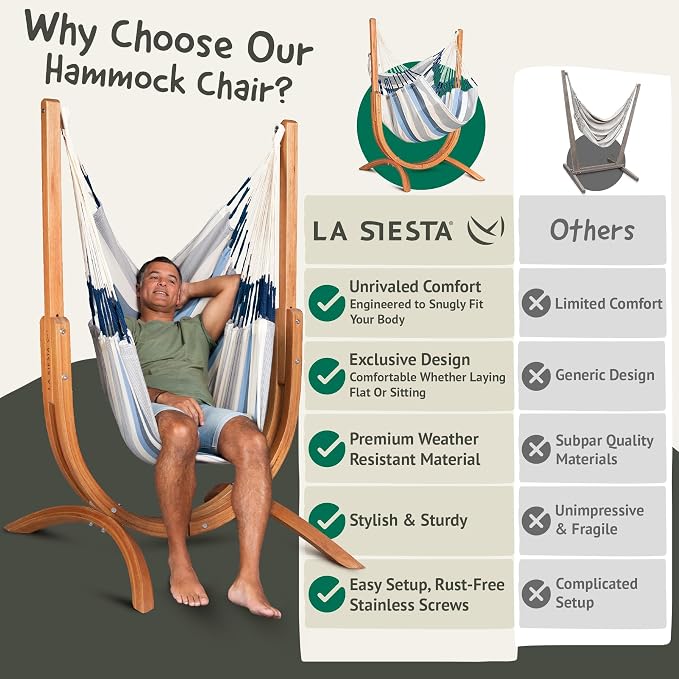 LA SIESTA Udine Outdoor Hammock Chair Set with freestanding Wooden Stand, Double-Size Weather-Resistant Hammock Chair with FSC-Certified Eucalyptus Wood Stand - Sea Salt