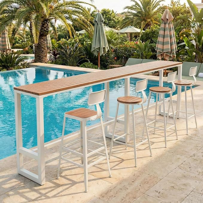 Outdoor Bar Table Weather Resistant, Wood Counter Height Bar Table Rain Sun Protection, Extra Long High Top Table 47.2"-102.4", for Patio, Garden, Yard, Balcony, Poolside(White,94.5"x15.7"x40.5")