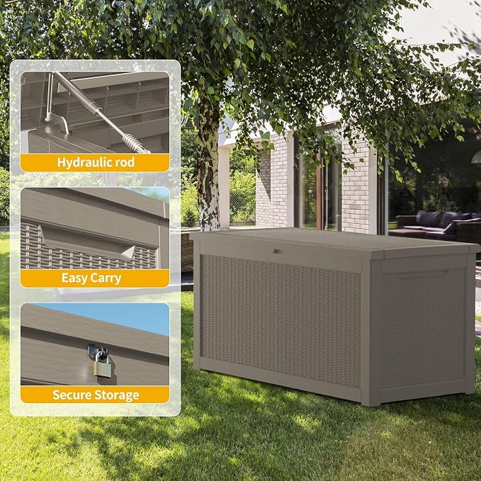 TARKARI 330 Gallon Outdoor Storage Box Waterproof, Resin Deck Boxes with Lockable Lid & UV-Resistant for Patio, Pool, Garden Furniture Cushions & Accessories, Coffee